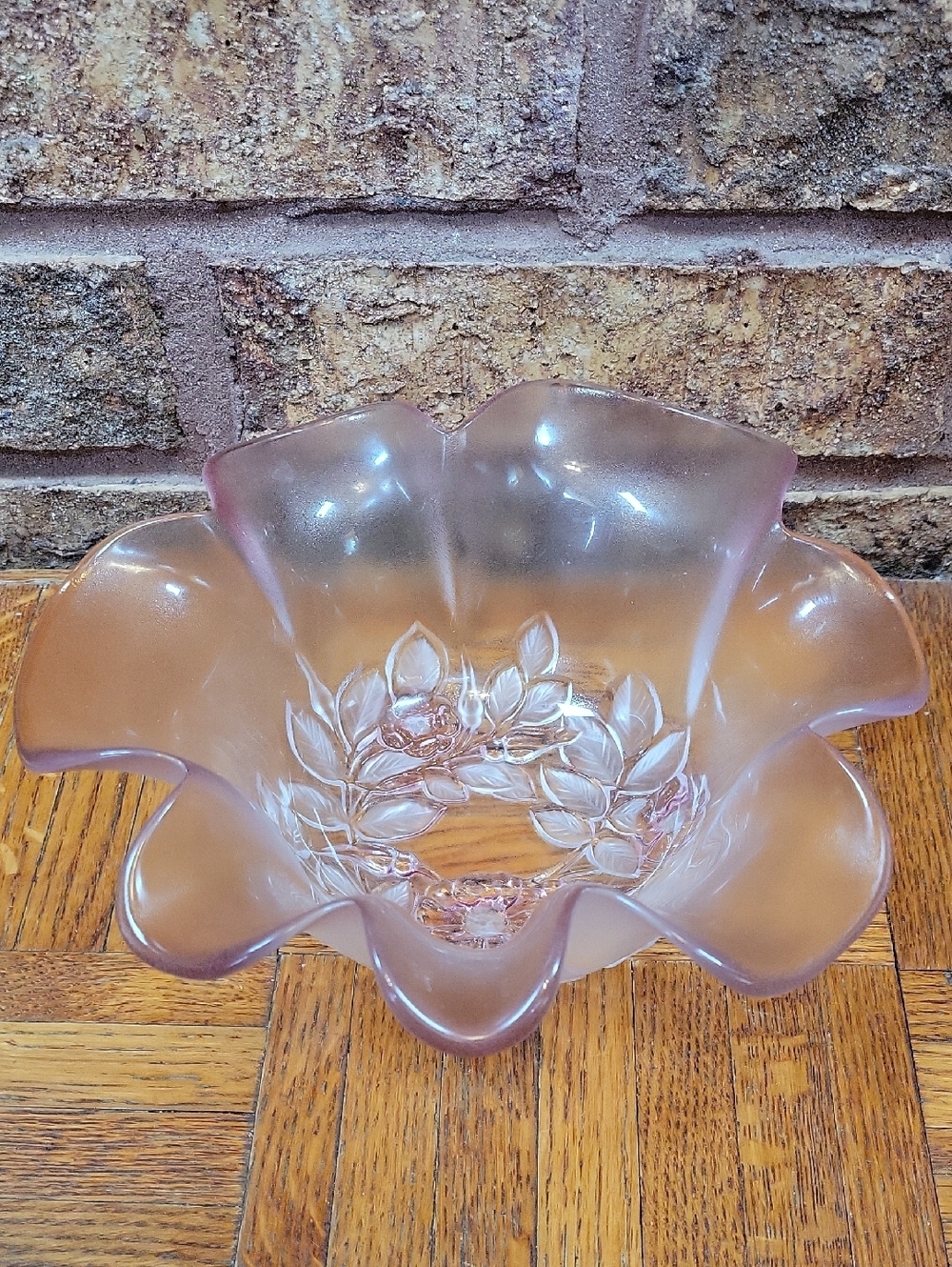 Vintage Mikasa Rosella Satin Frosted Pink Glass Floral Candy Bowl Ruffled Edge